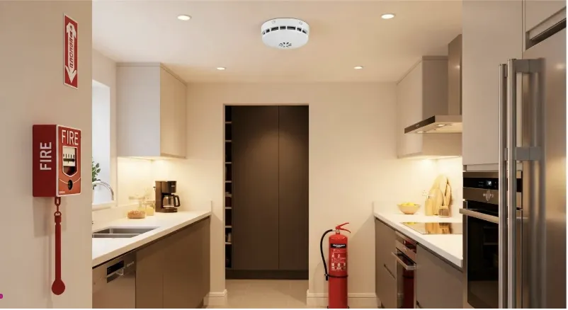 Office kitchen with extinguishers
