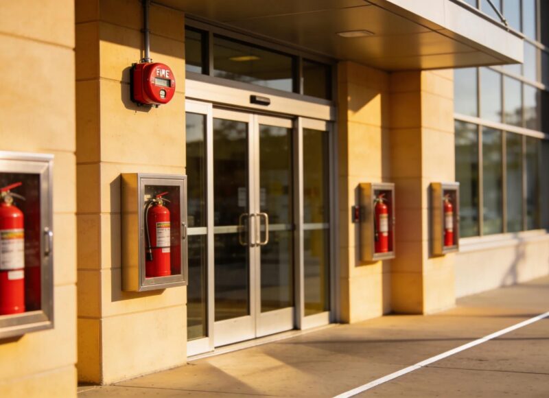 Commercial building with visible fire safety equipment emphasizing fire code compliance