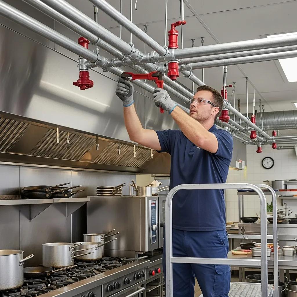 Professional installing a fire sprinkler system in a commercial kitchen environment